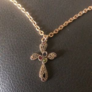 Vintage Cross Necklace w Colored Rhinestones